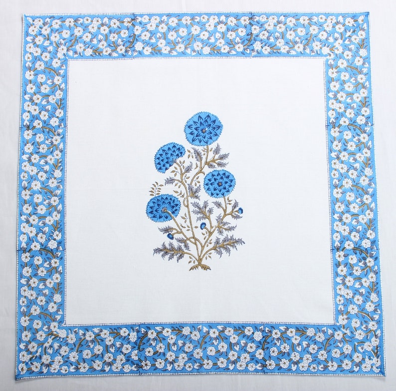 Fabricrush Border Napkins, Dodger Blue Indian Floral Hand Block Printed Cotton Cloth Napkins, Size 20x20", Set of 4,8,12,24,48, Wedding Home Restaurant