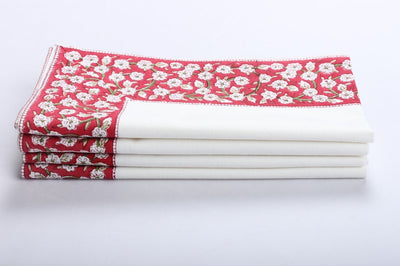 Fabricrush Border Napkins, Falun Red Indian Floral Hand Block Printed Cloth Napkins, Size 20x20", Wedding Holiday Home Restaurant