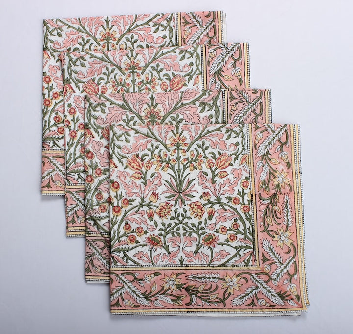 Sassy and Salmon Pink Indian Floral Hand Block Printed Size 20x20" Cotton Border Napkins