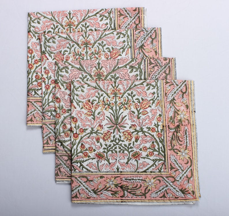 Fabricrush Border Napkins, Sassy and Salmon Pink Indian Floral Hand Block Printed Cotton Cloth Napkins, Size 20x20", Wedding Event