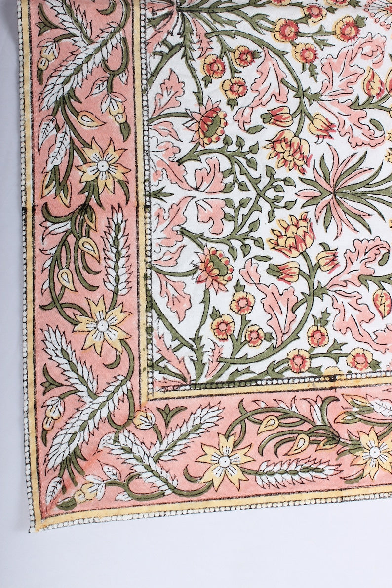 Sassy and Salmon Pink Indian Floral Hand Block Printed Size 20x20" Cotton Border Napkins