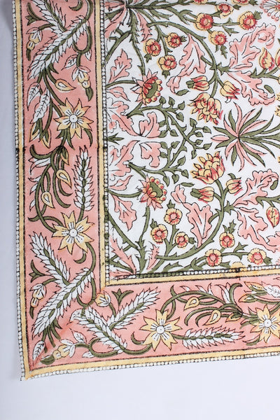 Fabricrush Border Napkins, Sassy and Salmon Pink Indian Floral Hand Block Printed Cotton Cloth Napkins, Size 20x20", Wedding Event