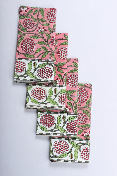 Fabricrush Border Napkins, Strawberry Pink, Green and Red Indian Floral Hand Block Printed Cotton Cloth Napkins, Size 20x20", Set of 4,8,12,24,48 Gifts