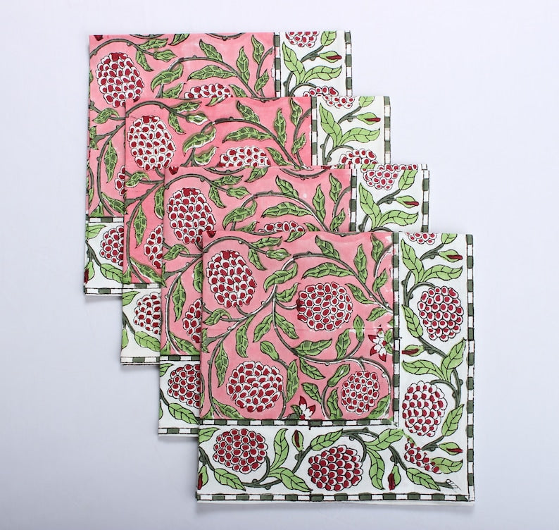 Strawberry Pink, Green and Red Indian Floral Hand Block Printed Size 20x20