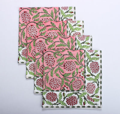 Fabricrush Border Napkins, Strawberry Pink, Green and Red Indian Floral Hand Block Printed Cotton Cloth Napkins, Size 20x20", Gifts