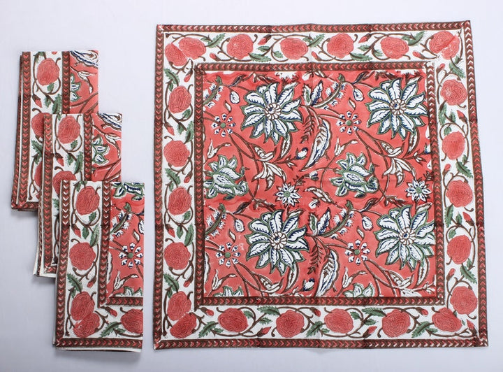 Peach and Berry Blue Indian Floral Hand Block Printed Cotton Border Napkins, Size 20x20"