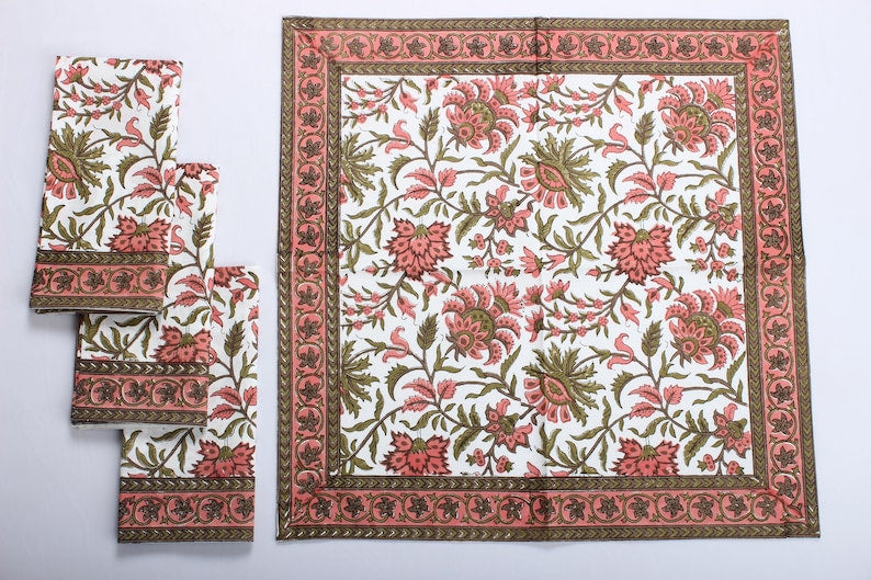 New York Pink Indian Floral Hand Block Printed Cotton Border Napkins, Size 20x20"