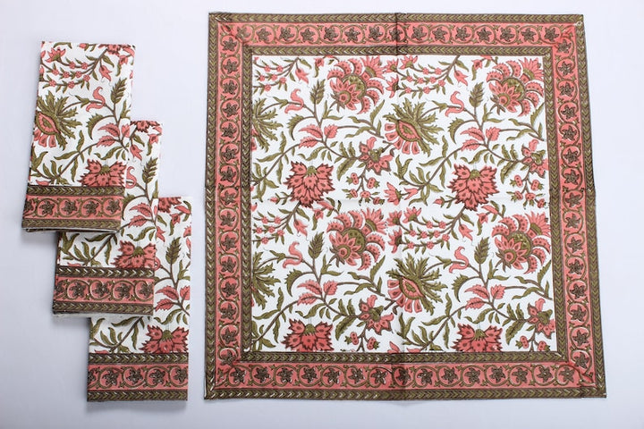 New York Pink Indian Floral Hand Block Printed Cotton Border Napkins, Size 20x20"