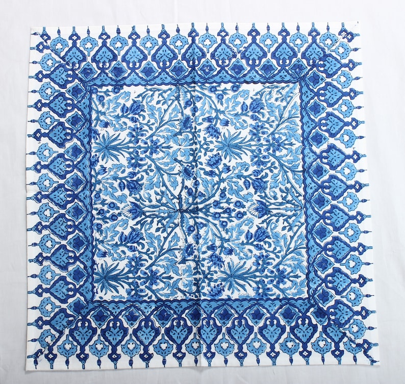 Fabricrush Border Napkins, Dark Royal Blue Indian Floral Hand Block Printed Cotton Cloth Napkins, Size 20x20", Set of 4,8,12,24,48, Wedding Home Party