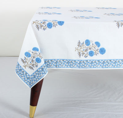 Fabricrush Tablecloth, Dodger Blue Cotton Table Cover, Hand block Floral Printed Table Top Kitchen Dining Home Wedding Farmhouse Restaurant, Fall Décor