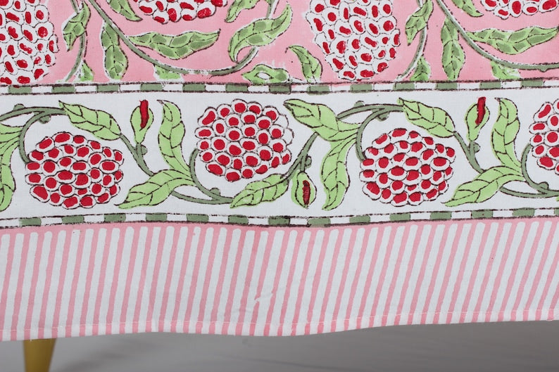 Strawberry Pink, Green and Red Indian Floral Hand-Block Printed Cotton Tablecloth