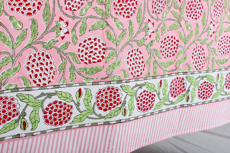 Strawberry Pink, Green and Red Indian Floral Hand-Block Printed Cotton Tablecloth