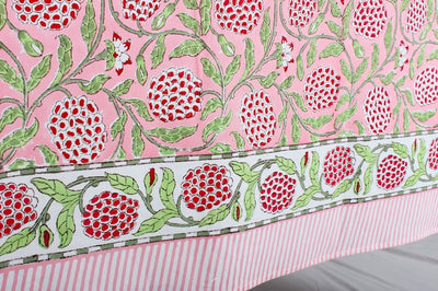 Fabricrush Tablecloth, Strawberry Pink, Green and Red Indian Hand Block Printed Table Cover, Table Top, Wedding Home Birthday Baby Shower Restaurant