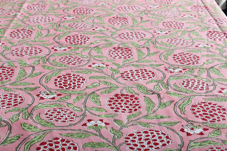 Strawberry Pink, Green and Red Indian Floral Hand-Block Printed Cotton Tablecloth