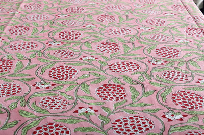 Fabricrush Tablecloth, Strawberry Pink, Green and Red Indian Hand Block Printed Table Cover, Table Top, Wedding Home Birthday Baby Shower Restaurant