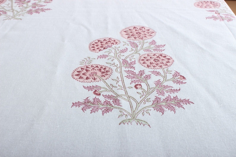 Fabricrush Tablecloth, Salmon Pink Indian Hand Block Floral Printed Table Top, Dinning Table Cover, Wedding Home Farmhouse Restaurant Room Bar Events