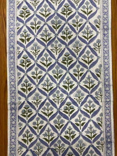 Fabricrush Light Steel Blue, Olive Green Indian Floral Hand Block Printed 100% Pure Cotton Cloth Table Runner, Fire Place Runner, Mantle Runner, Gifts