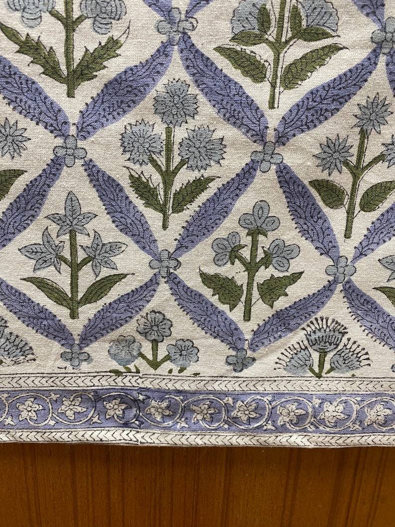 Fabricrush Light Steel Blue, Olive Green Indian Floral Hand Block Printed 100% Pure Cotton Cloth Table Runner, Fire Place Runner, Mantle Runner, Gifts