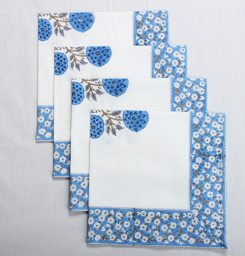 Dodger Blue Indian Floral Hand Block Printed Cotton Border Napkins, Size 20x20