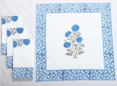 Fabricrush Border Napkins, Dodger Blue Indian Floral Hand Block Printed Cotton Cloth Napkins, Size 20x20", Set of 4,8,12,24,48, Wedding Home Restaurant