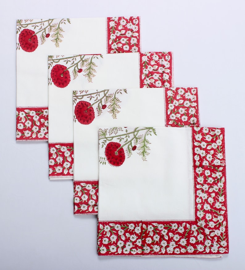 Falun Red Indian Floral Hand Block Printed Border Napkins, Size 20x20