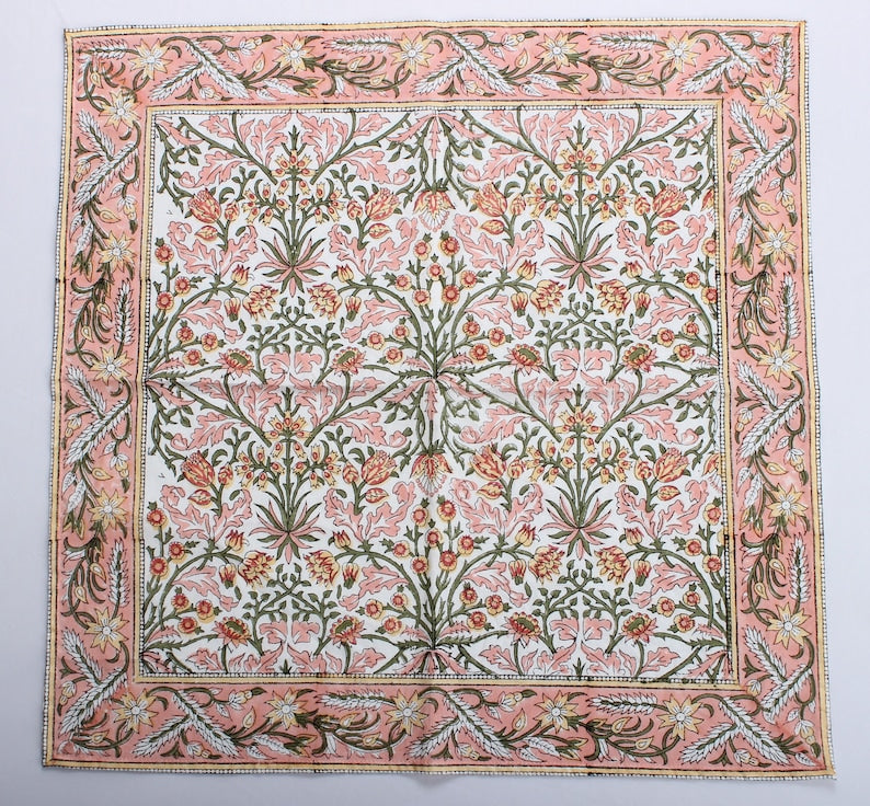 Sassy and Salmon Pink Indian Floral Hand Block Printed Size 20x20" Cotton Border Napkins