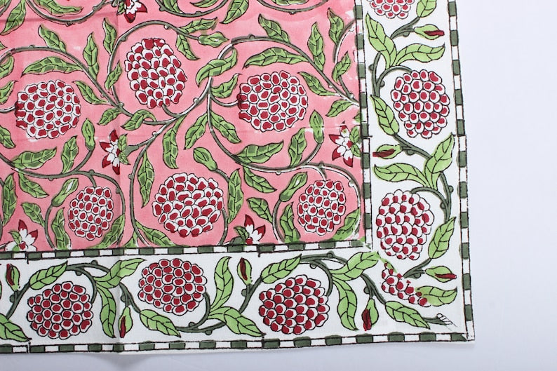 Fabricrush Border Napkins, Strawberry Pink, Green and Red Indian Floral Hand Block Printed Cotton Cloth Napkins, Size 20x20", Set of 4,8,12,24,48 Gifts