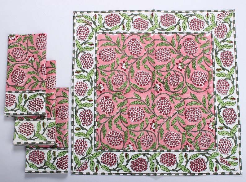 Fabricrush Border Napkins, Strawberry Pink, Green and Red Indian Floral Hand Block Printed Cotton Cloth Napkins, Size 20x20", Gifts