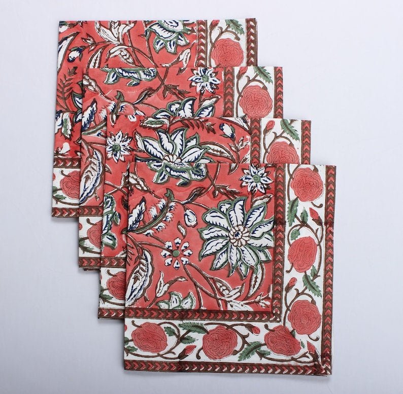 Peach and Berry Blue Indian Floral Hand Block Printed Cotton Border Napkins, Size 20x20"