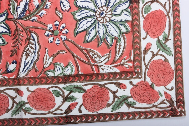 Peach and Berry Blue Indian Floral Hand Block Printed Cotton Border Napkins, Size 20x20"