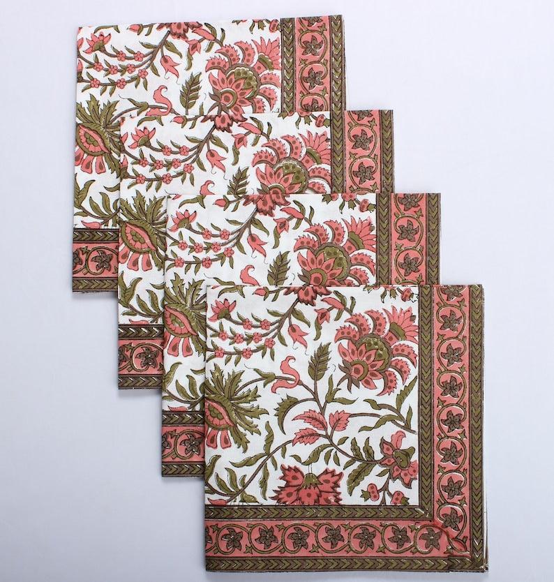 New York Pink Indian Floral Hand Block Printed Cotton Border Napkins, Size 20x20