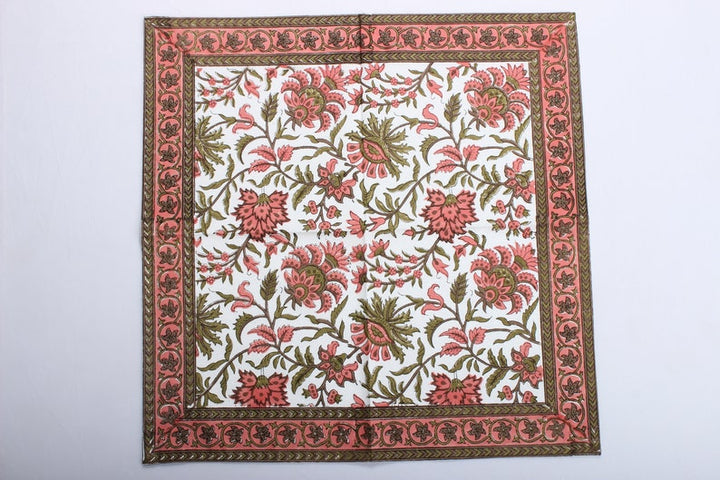 New York Pink Indian Floral Hand Block Printed Cotton Border Napkins, Size 20x20"