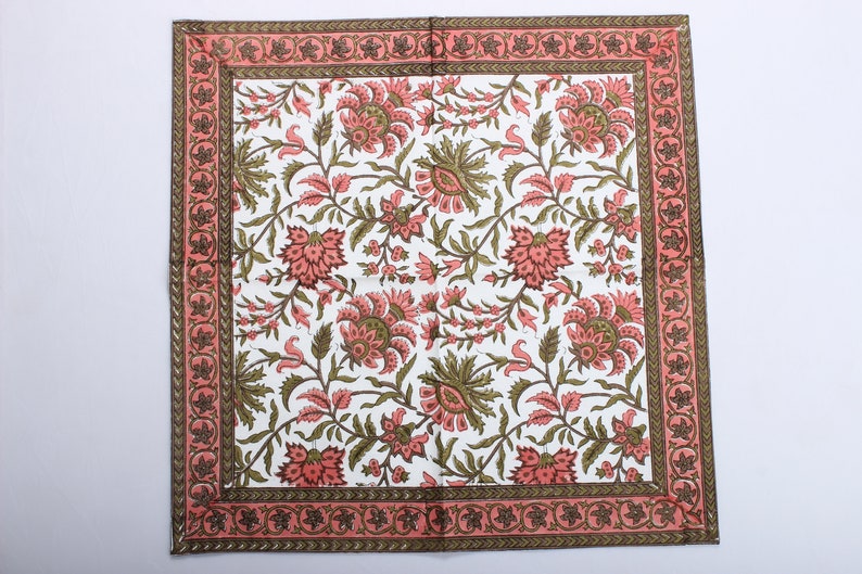 Fabricrush Border Napkins, New York Pink Indian Floral Hand Block Printed Cotton Cloth Napkins, Size 20x20", Wedding Event Home