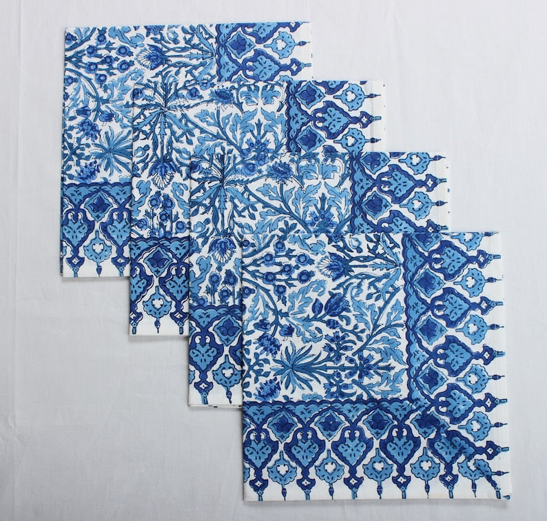 Dark Royal Blue Indian Floral Hand Block Printed Cotton Border Napkins, Size 20x20