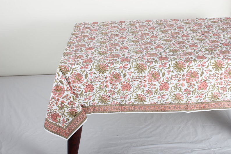 Fabricrush Tablecloth, New York Pink and green Indian Hand Block Printed Cotton Floral Table Cover, Thanksgiving Holiday Wedding Home Party Restaurant