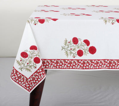 Fabricrush Tablecloth, Falun Red, Green Indian Floral Hand Block Printed Table Cover, Table Top, Restaurant Farmhouse Wedding Event Home Holiday Table