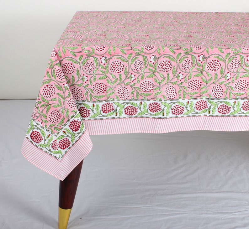 Strawberry Pink, Green and Red Indian Floral Hand-Block Printed Cotton Tablecloth