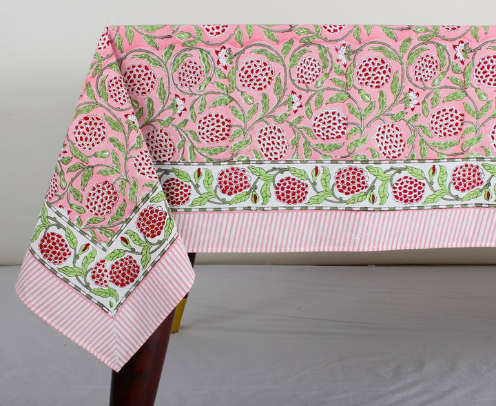 Strawberry Pink, Green and Red Indian Floral Hand-Block Printed Cotton Tablecloth