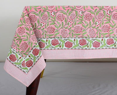 Fabricrush Tablecloth, Strawberry Pink, Green and Red Indian Hand Block Printed Table Cover
