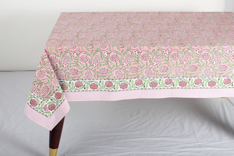 Strawberry Pink, Green and Red Indian Floral Hand-Block Printed Cotton Tablecloth