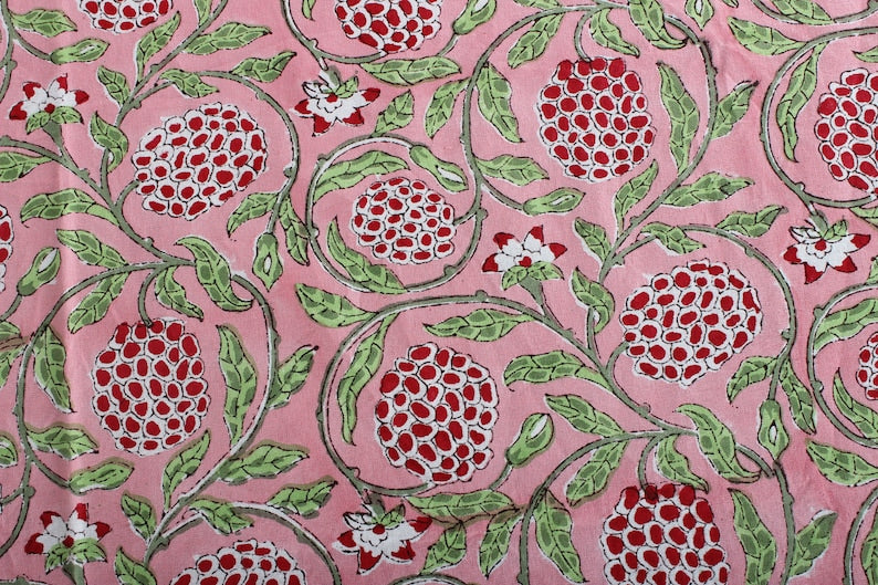 Strawberry Pink, Green and Red Indian Floral Hand-Block Printed Cotton Tablecloth