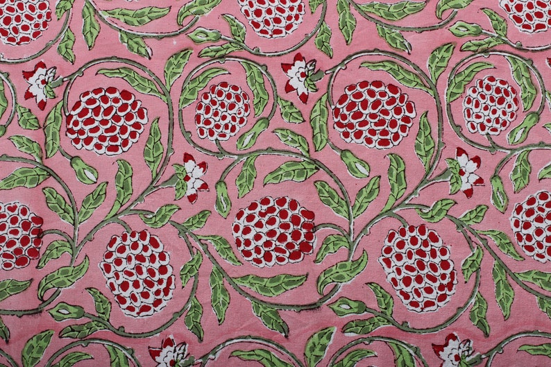 Strawberry Pink, Green and Red Indian Floral Hand-Block Printed Cotton Tablecloth