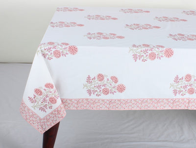 Fabricrush Tablecloth, Salmon Pink Indian Hand Block Floral Printed Table Top, Dinning Table Cover, Wedding Home Farmhouse Restaurant Room Bar Events