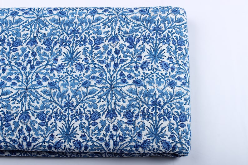 Fabricrush Dark Royal Blue Indian Floral Block Printed Cotton Fabric Womens Clothing