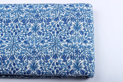 Fabricrush Dark Royal Blue Indian Floral Block Printed Cotton Fabric Womens Clothing