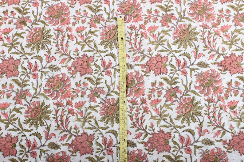 Fabricrush New York Pink Indian Floral Block Printed Cotton Fabric Womens Clothing