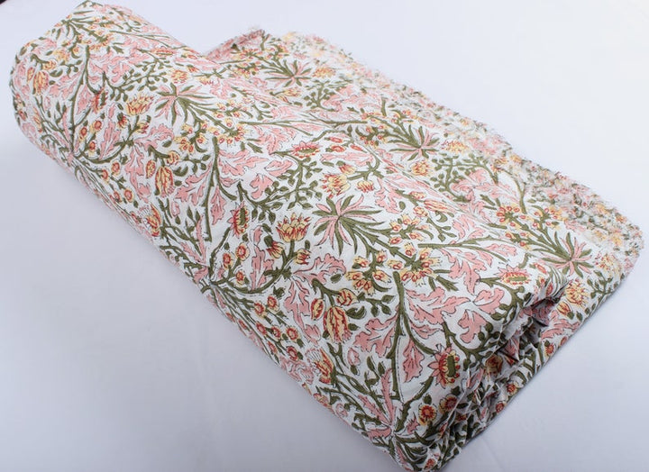 Fabricrush Sassy and Salmon Pink Indian Floral Block Printed Cotton Fabric Women's Clothing Cushions Curtains Napkins