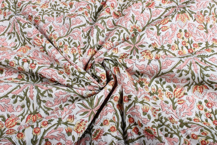 Fabricrush Sassy and Salmon Pink Indian Floral Block Printed Cotton Fabric Women's Clothing Cushions Curtains Napkins, Valentine's day, Spring, Easter