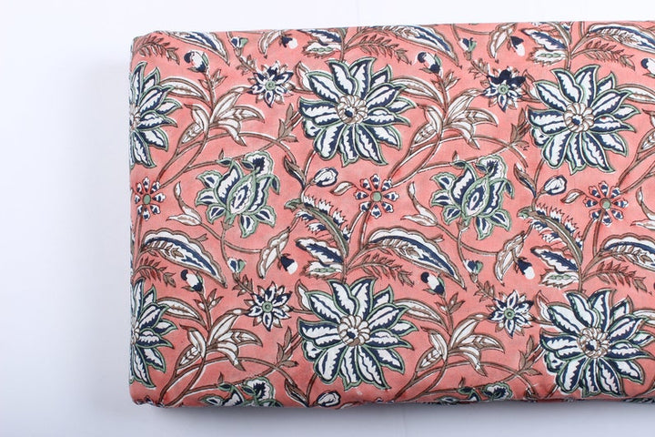 Fabricrush Peach And Berry Blue Indian Floral Block Printed Cotton Fabric for Womens Clothing