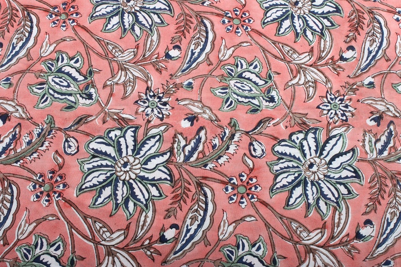 Fabricrush Peach And Berry Blue Indian Floral Block Printed Cotton Fabric for Womens Clothing